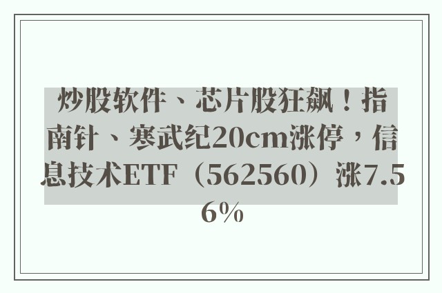 炒股软件、芯片股狂飙！指南针、寒武纪20cm涨停，信息技术ETF（562560）涨7.56%